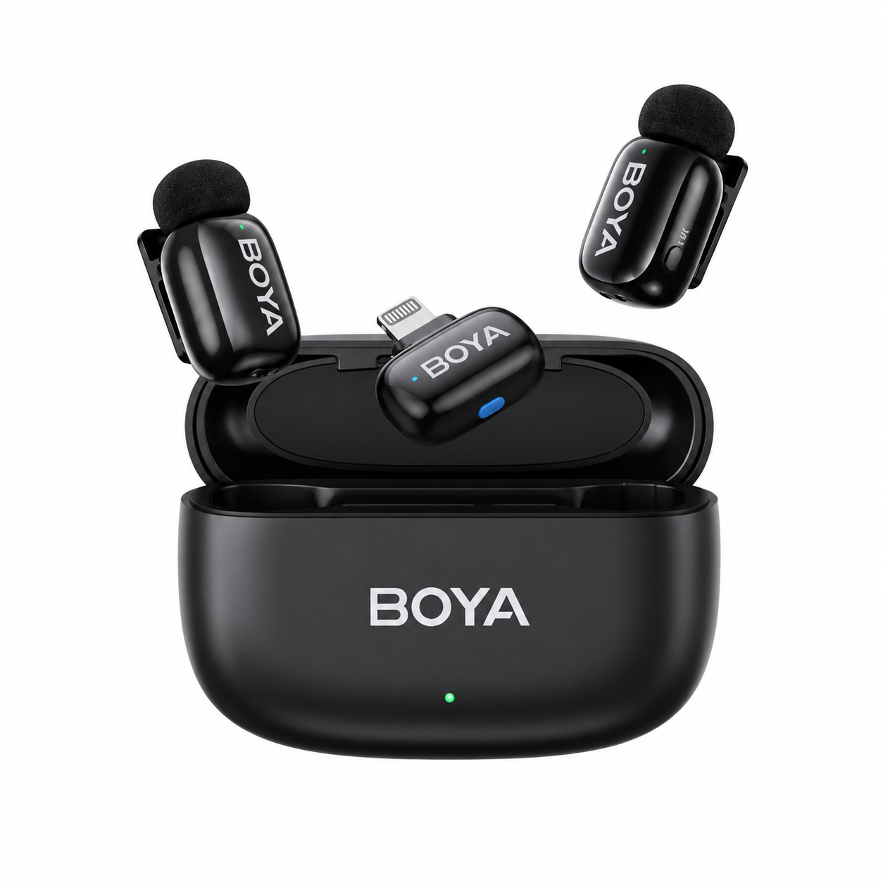 BOYA Mini wireless lavalier microphone kit on white background