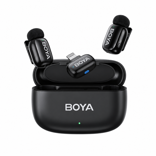 BOYA Mini wireless lavalier microphone kit on white background