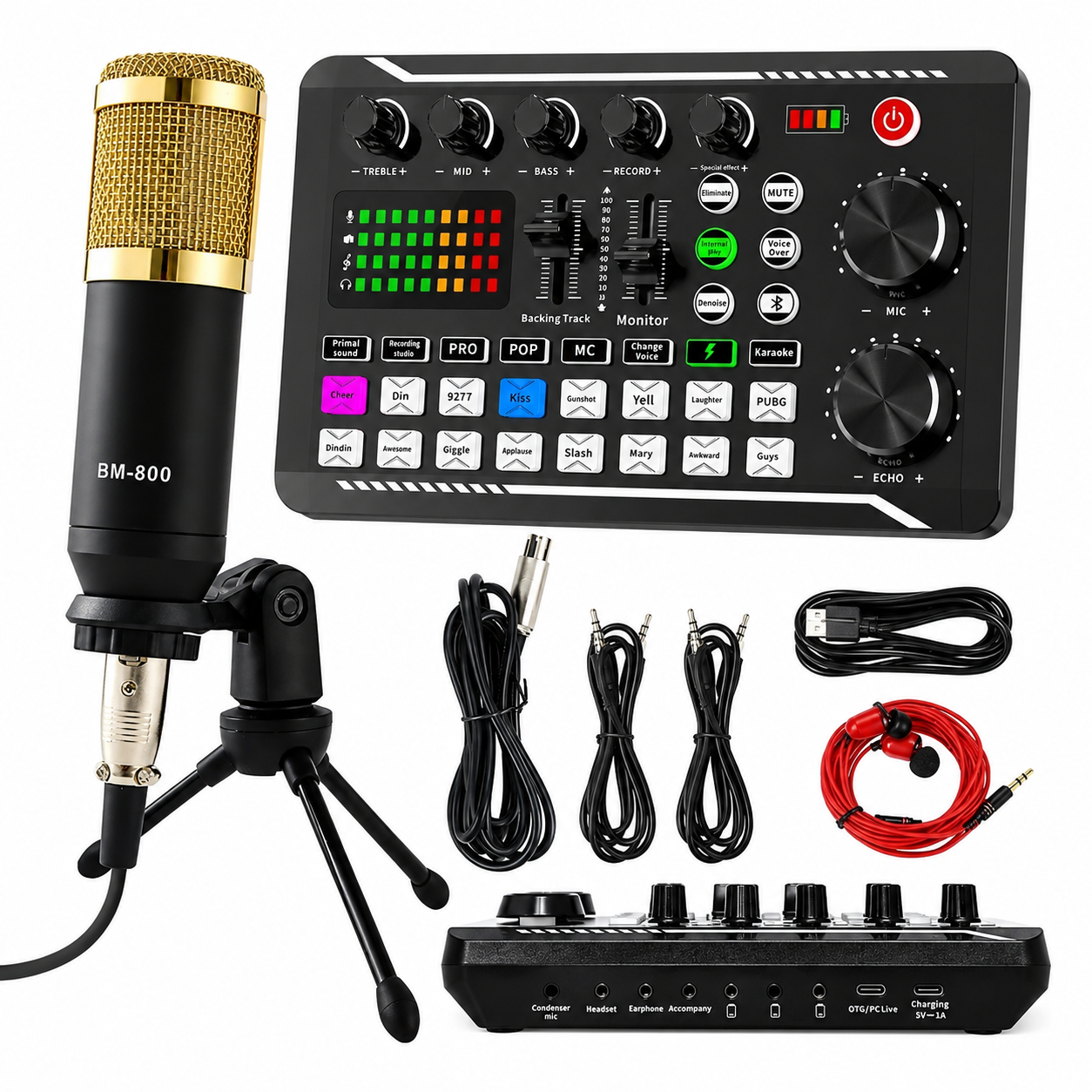 F988 live streaming sound card and condenser microphone kit on white background