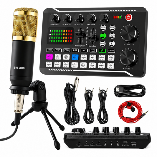 F988 live streaming sound card and condenser microphone kit on white background