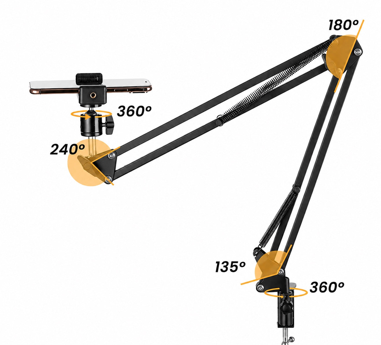 Flexible overhead phone tripod adjustable desk mount with rotation angles; phone not included