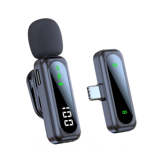 J21 wireless lavalier microphone and USB-C receiver centered on a white square background