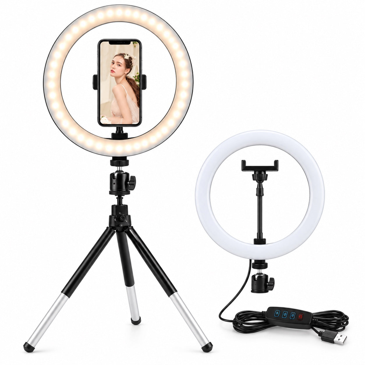 LED ring light with tabletop tripod, phone holder, and inline controller on white background