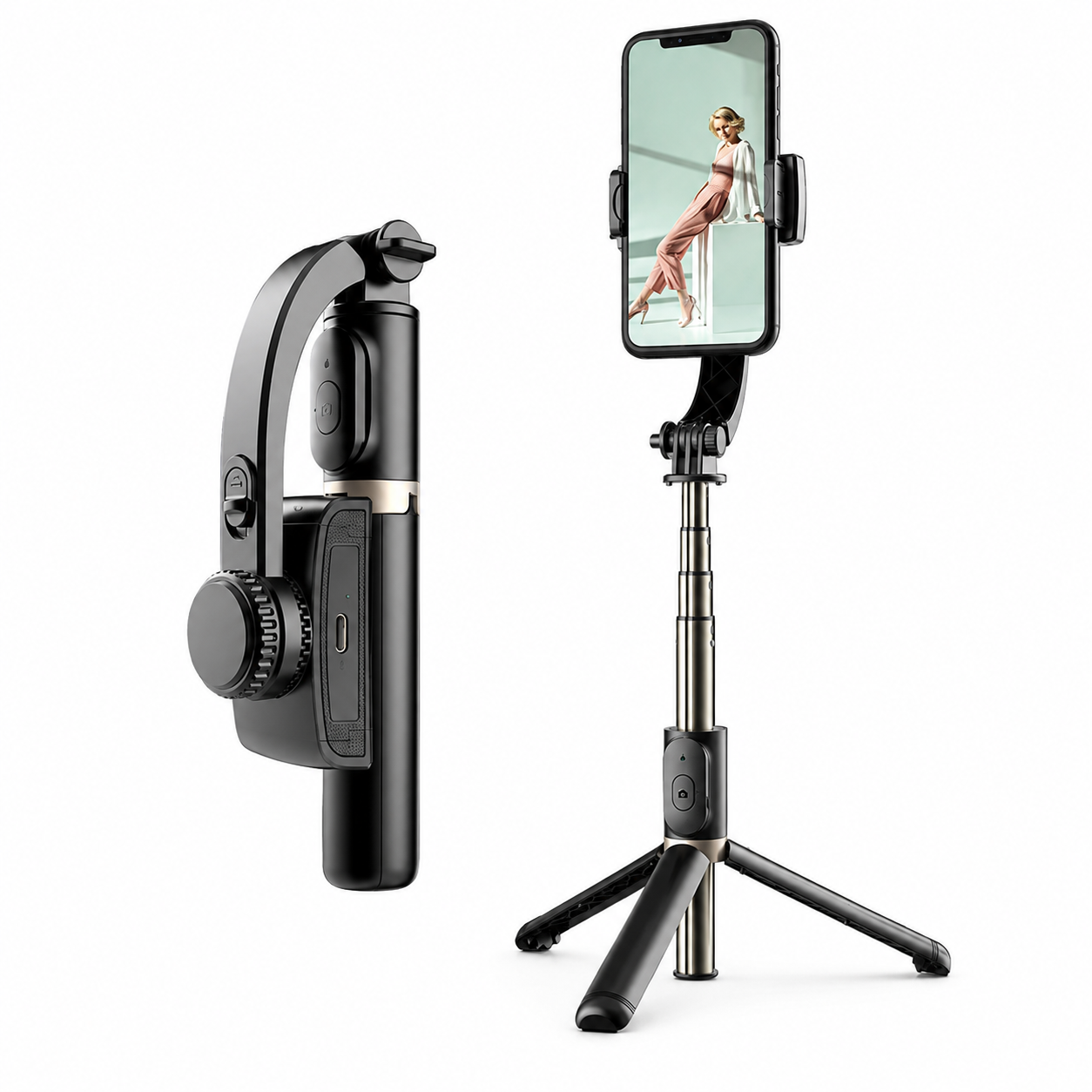 Q08 smartphone gimbal stabilizer and selfie stick on white background