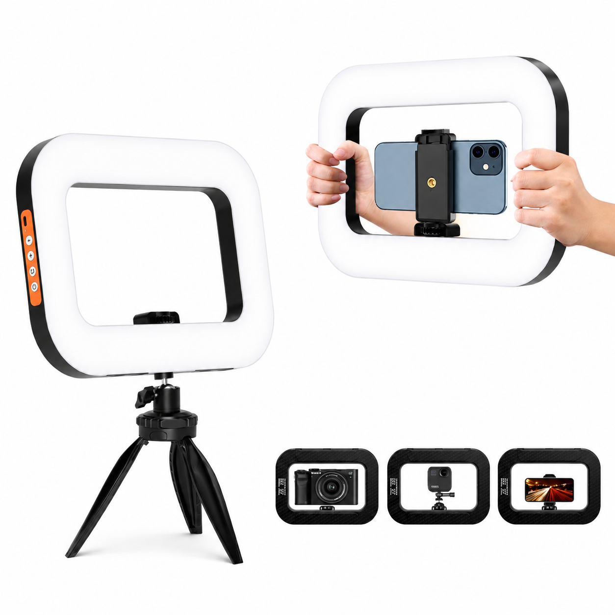 Rechargeable handheld LED ring light with phone holder and mini tripod on white background