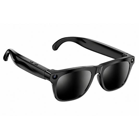 Black smart camera glasses centered on a white square background