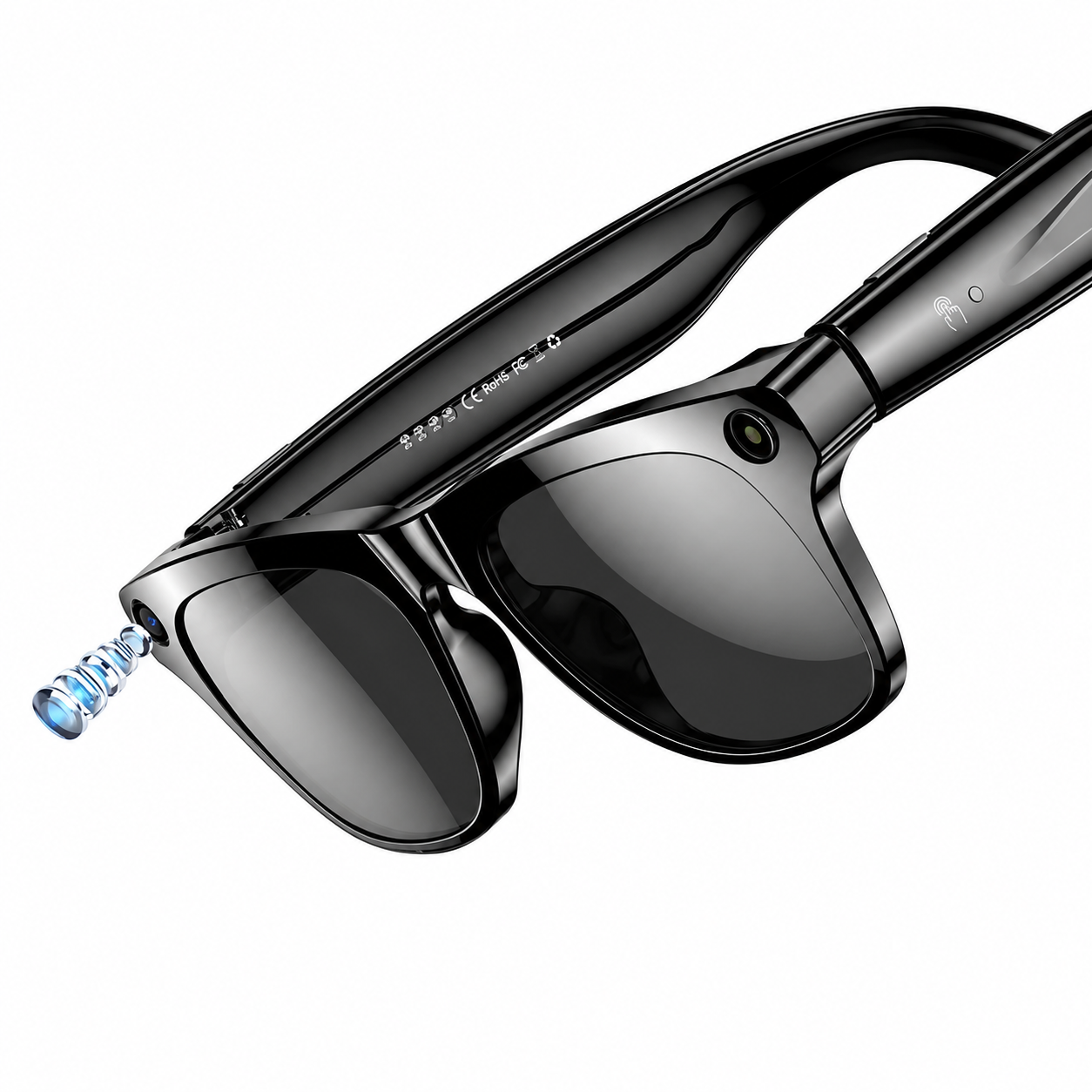 Smart camera glasses on a clean white background