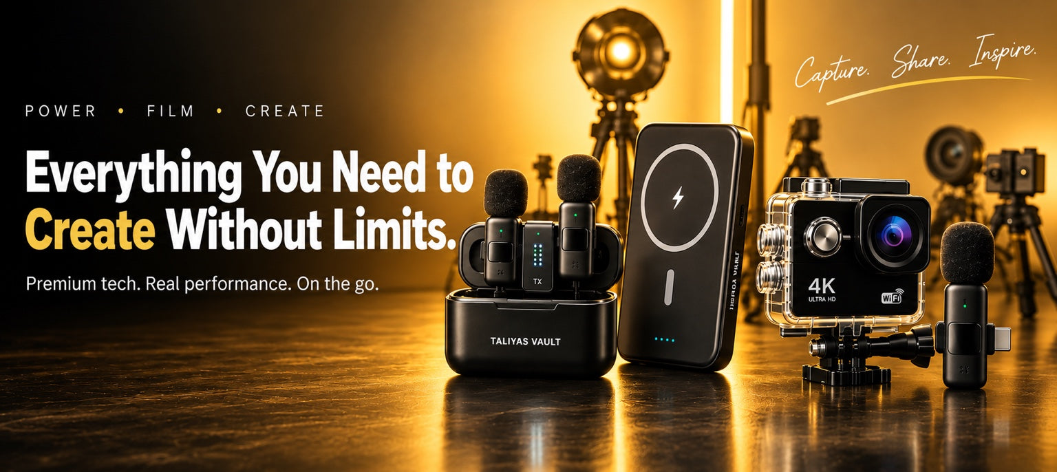 Creator tech essentials including wireless microphones, magnetic power bank, and 4K action camera in warm gold studio lighting
